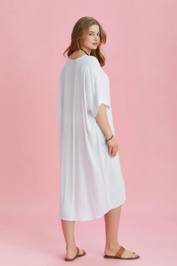 V Yaka Önü Düğümlü Yarasa Kol Büyük Beden Elbise - 4