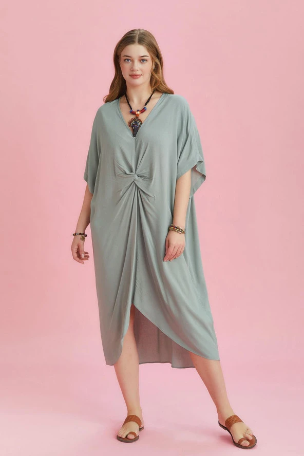 V Yaka Önü Düğümlü Yarasa Kol Büyük Beden Elbise