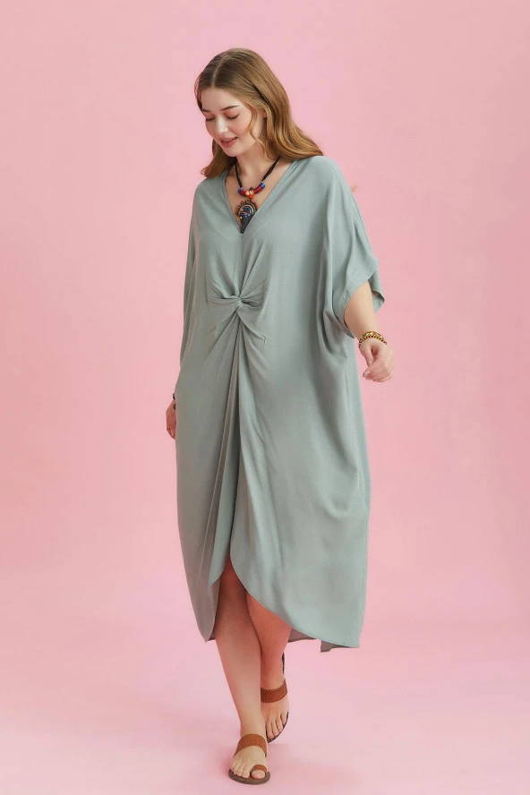 V Yaka Önü Düğümlü Yarasa Kol Büyük Beden Elbise - 2