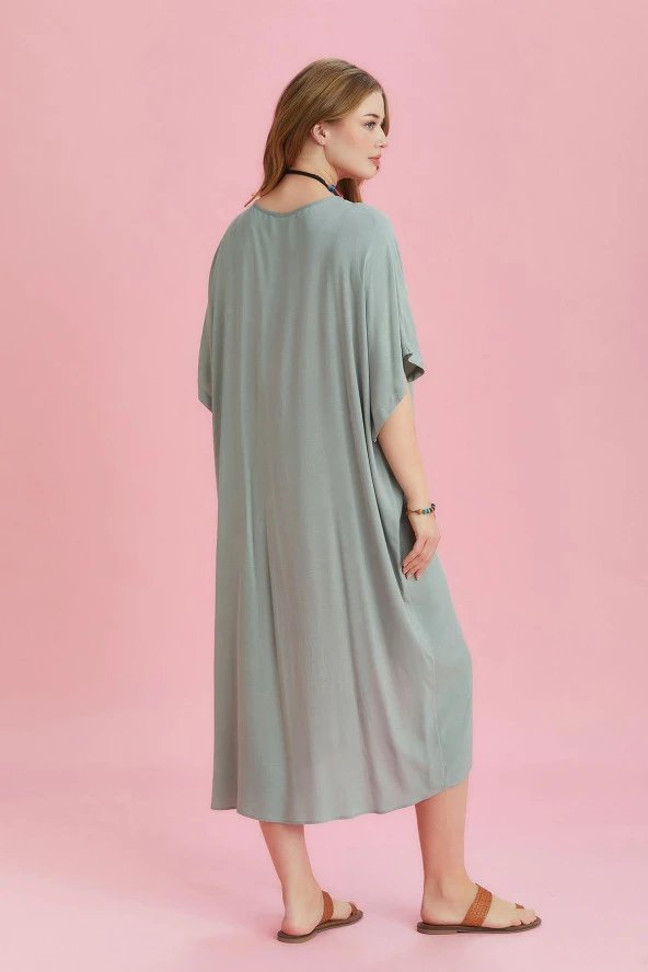 V Yaka Önü Düğümlü Yarasa Kol Büyük Beden Elbise - 5