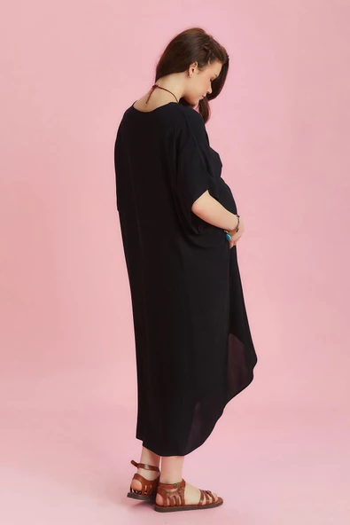 V Yaka Önü Düğümlü Yarasa Kol Hamile Elbise - 4