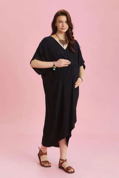 V Yaka Önü Düğümlü Yarasa Kol Hamile Elbise - 2