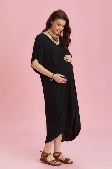 V Yaka Önü Düğümlü Yarasa Kol Hamile Elbise - 3