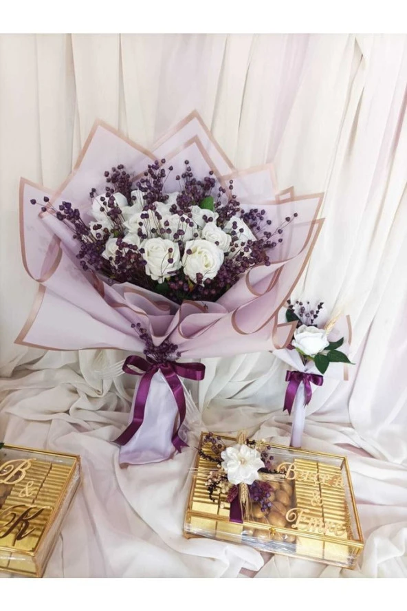 Lila/mor Beyaz Gül Kız Isteme Çiçeği Ve Cam Kutuda Etiketli Madlen Çikolata Seti/lila Isteme Buketi