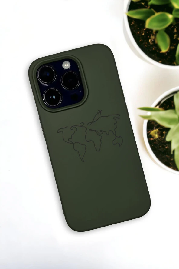 iPhone 14 Pro Max Uyumlu Dünya Harita Rota Desenli Premium Silikonlu Haki Lansman Telefon Kılıfı
