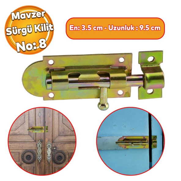 Mavzer Sürgü No:8 Kilit Kadmiyum 35x95 mm Kapı Pencere Emniyet Mandalı Kilidi