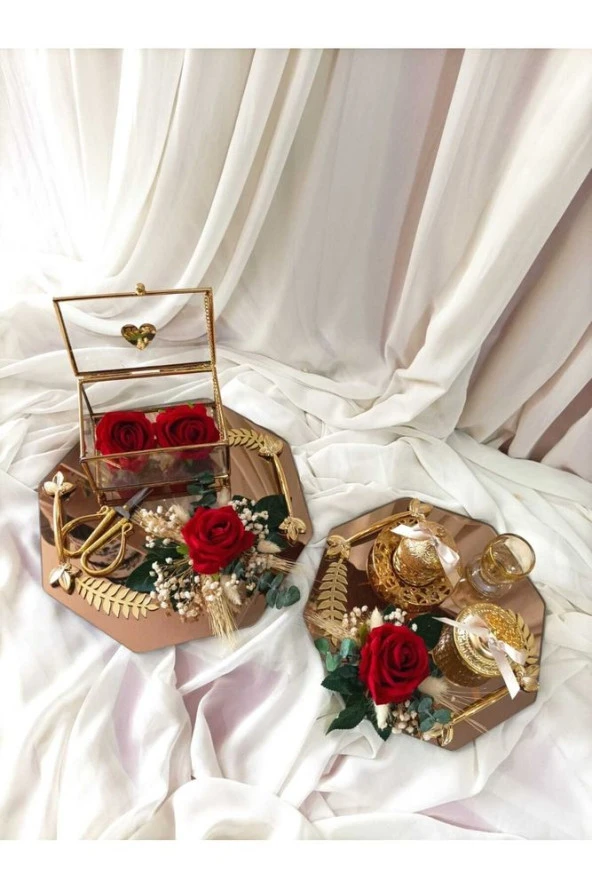 Kırmızı Gül Nişan Tepsi Ve Damat Kahve Tepsi Seti