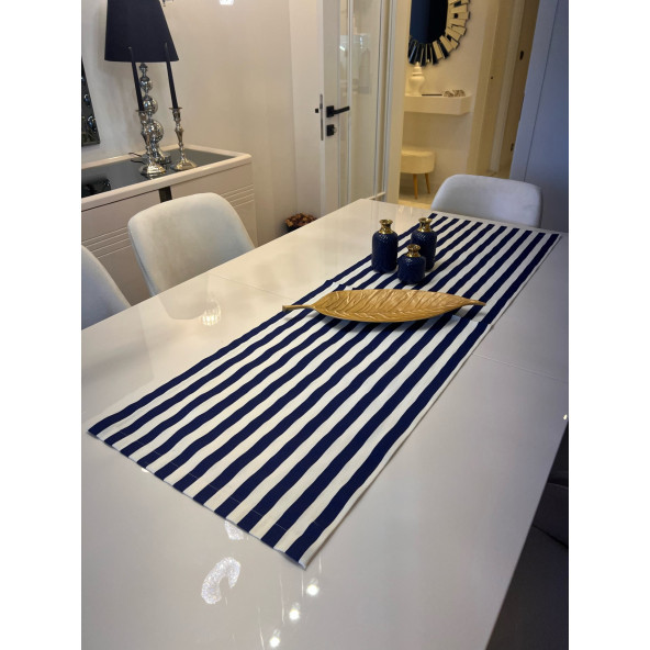 lacivert çizgili runner 40x140 cm pamuklu keten duck kumaş ranır sofra sunum yemek mutfak tekstil - 2