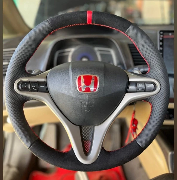 Honda Civic Fd6 Araca Özel Direksiyon Kılıfı (Tüylü Alcantra Nokta Kırmızı Yüzüklü)