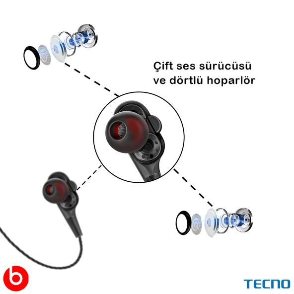 Tecno Hot Beats 3D Hifi 4 Hoparlörlü Redmi Note 12 Pro 3.5mm Jack Girişli Kablolu Mikrofonlu Kulaklık Siyah - Resim 2