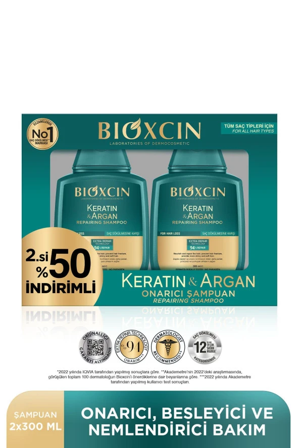 Keratin & Argan Onarıcı Şampuan 300 Ml - Yıpranmış Ve Hasar Görmüş Saçlar 2 Li Avantaj Set