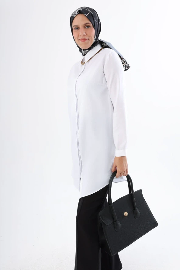 Allday Beyaz Basic Gizli Patlı Gömlek Tunik