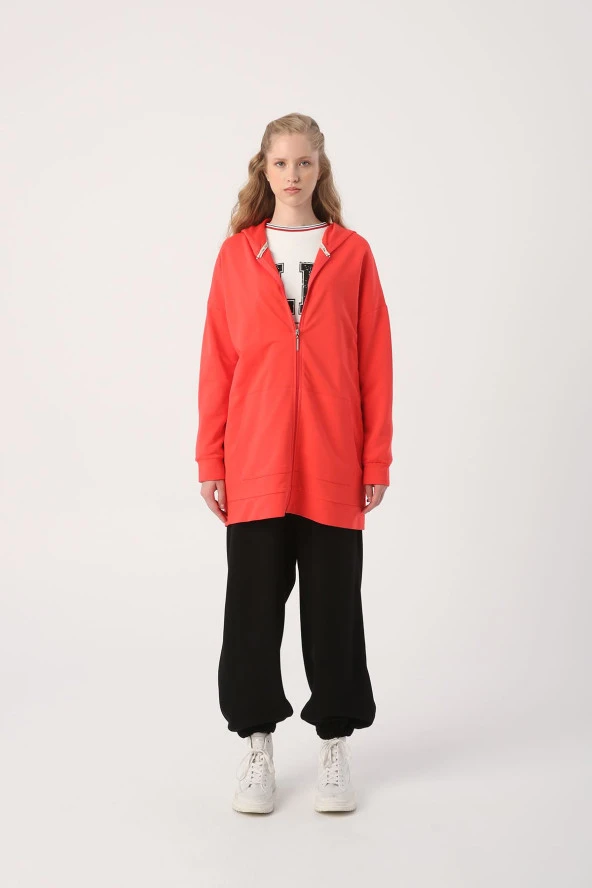 Allday Nar Çiçeği Kapüşonlu Fermuarlı Sweat Hırka - 2