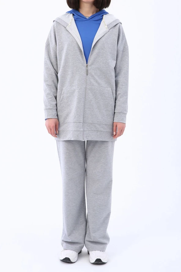 Allday Gri Melanj Kapüşonlu Fermuarlı Sweat Hırka - 2