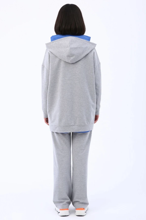 Allday Gri Melanj Kapüşonlu Fermuarlı Sweat Hırka - 3