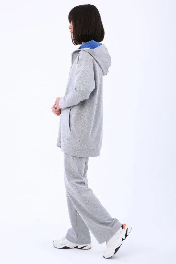 Allday Gri Melanj Kapüşonlu Fermuarlı Sweat Hırka - 4
