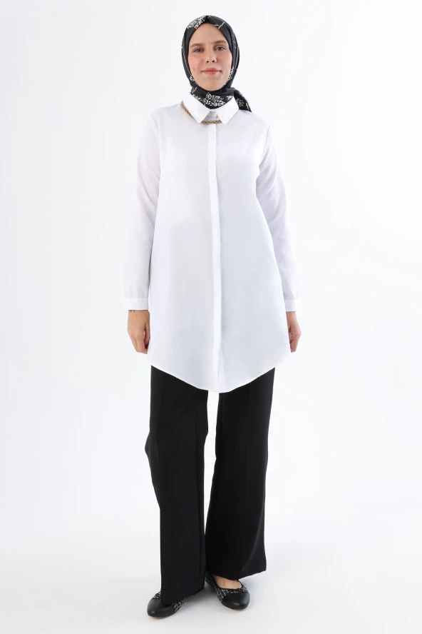 Allday Beyaz Basic Gizli Patlı Gömlek Tunik - 2