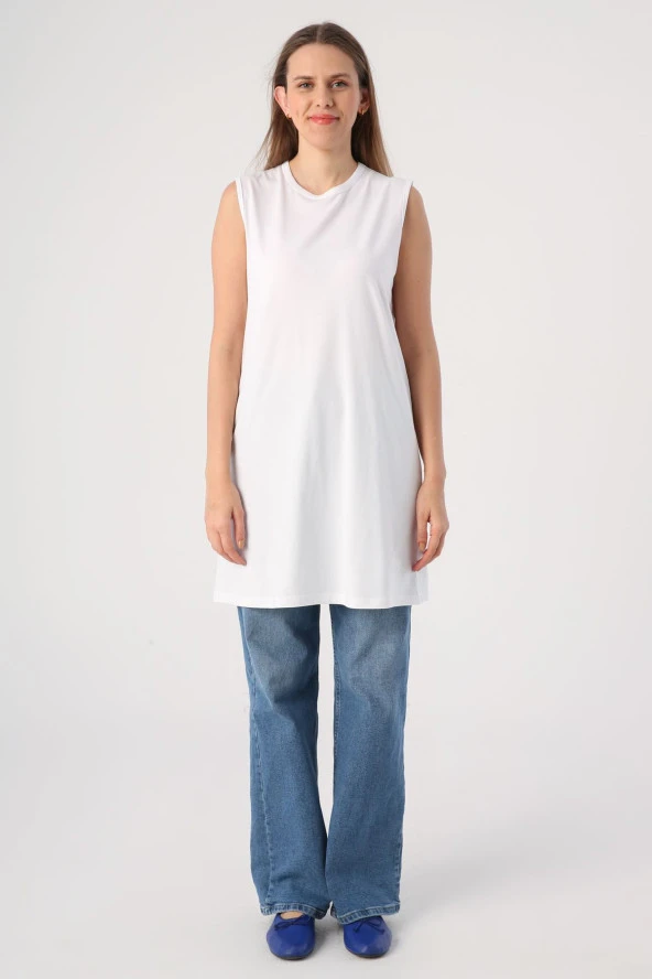 Allday Beyaz Pamuklu Yaka Biyeli Kolsuz Tunik - Resim 2