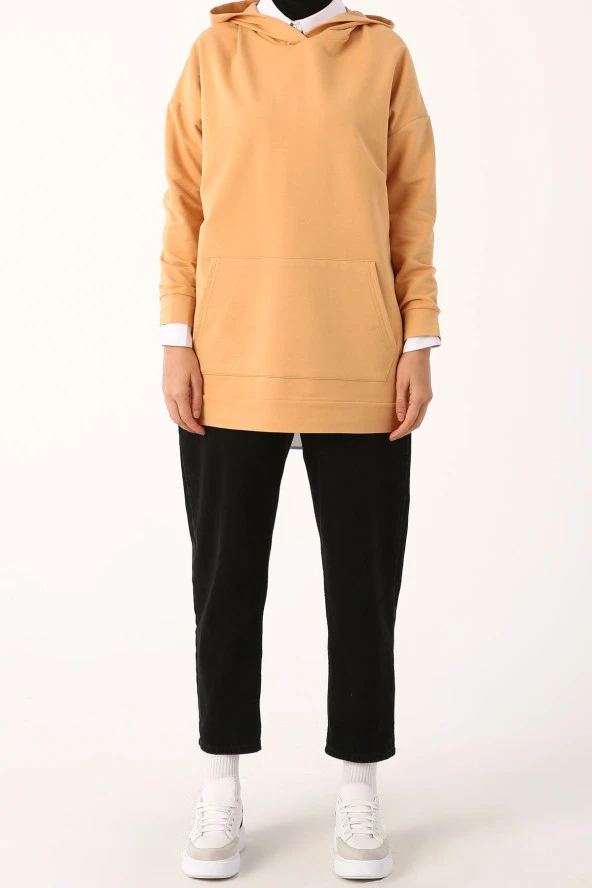 Allday Asit Sarı Kanguru Cepli Kapüşonlu Sweat Tunik - Resim 2