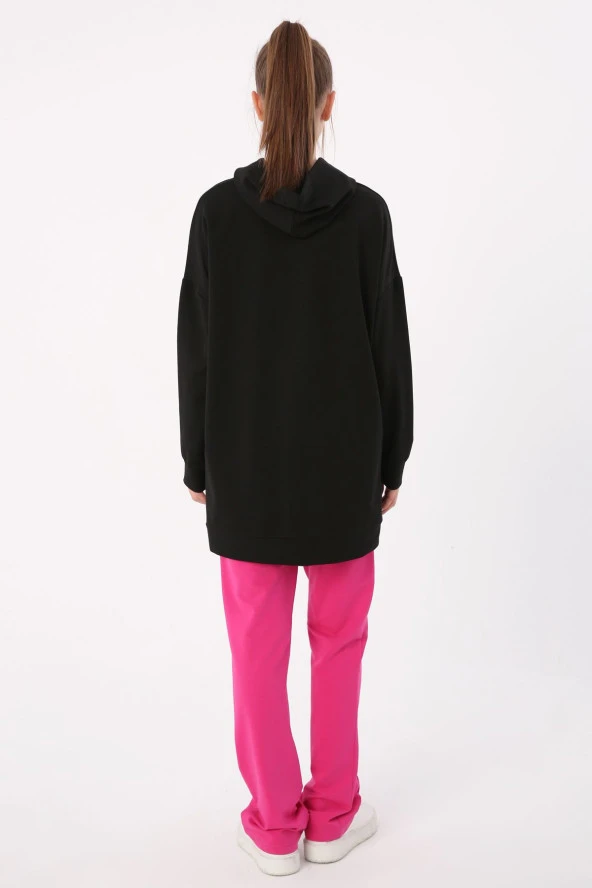 Allday Siyah Kanguru Cepli Kapüşonlu Sweat Tunik - Resim 4