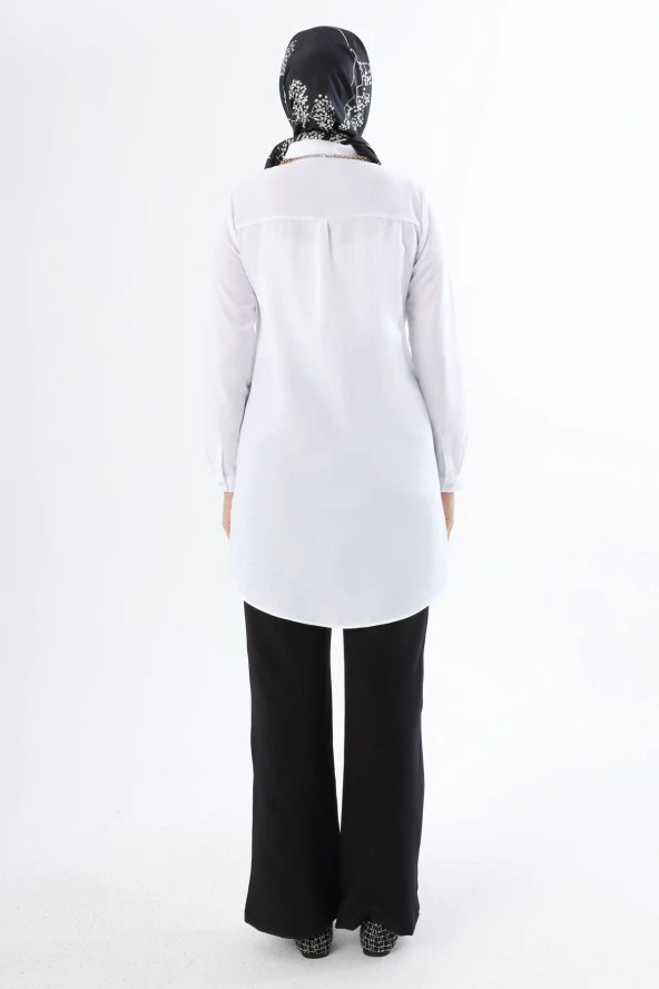 Allday Beyaz Basic Gizli Patlı Gömlek Tunik - 4