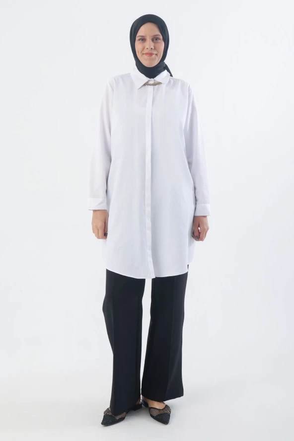Allday Beyaz Büyük Beden Basic Gömlek Tunik - Resim 2