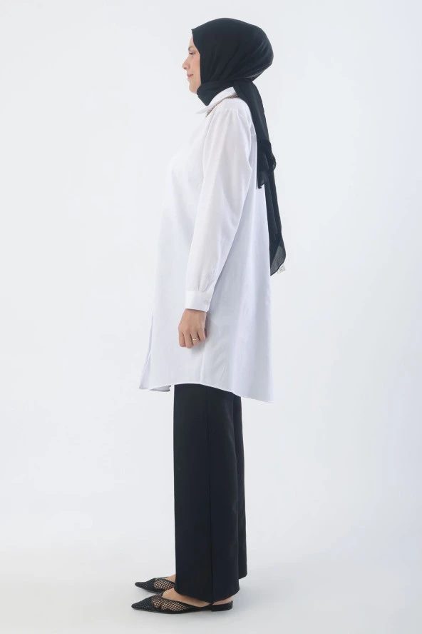 Allday Beyaz Büyük Beden Basic Gömlek Tunik - Resim 3