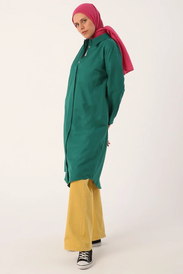 Allday Zümrüt Yeşili Basic Gizli Patlı Uzun Gömlek - Resim 3