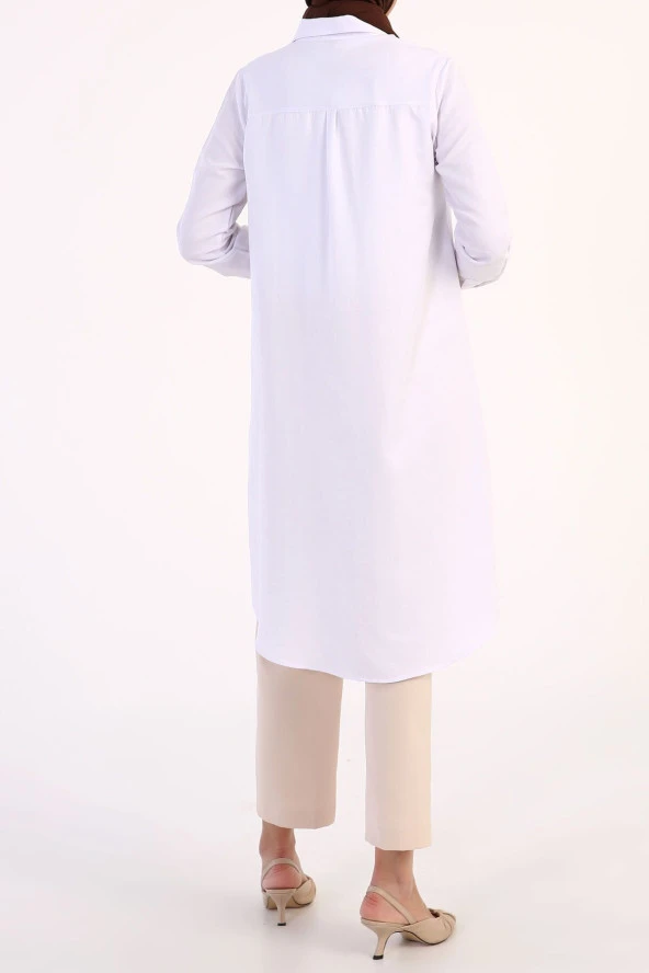 Allday Beyaz Basic Gizli Patlı Uzun Gömlek - 4