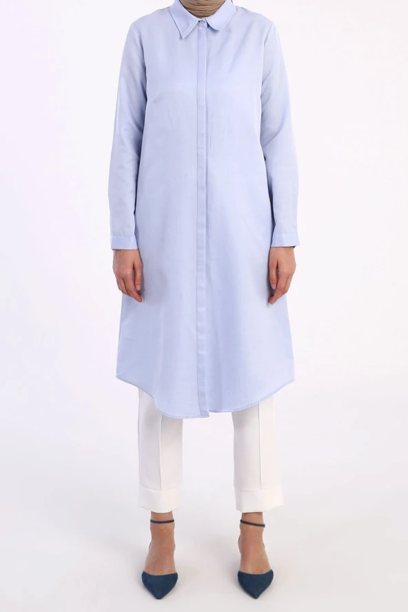 Allday Mavi Basic Gizli Patlı Uzun Gömlek - Resim 2