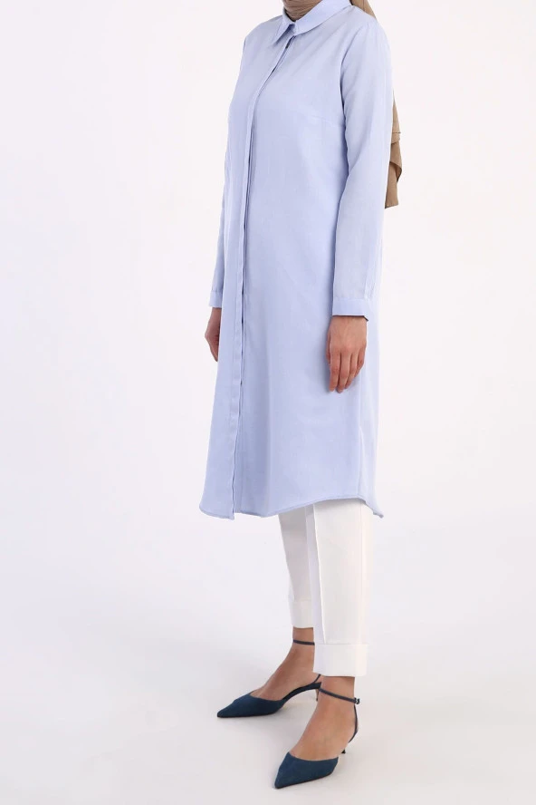 Allday Mavi Basic Gizli Patlı Uzun Gömlek - Resim 3