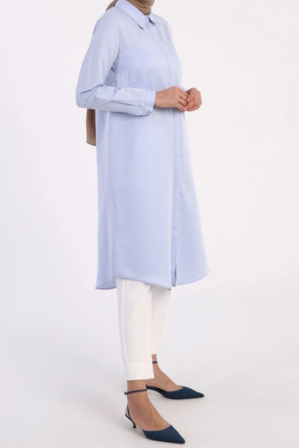 Allday Mavi Basic Gizli Patlı Uzun Gömlek - Resim 4