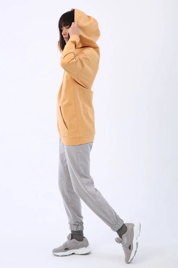 Allday Açık Sarı Kanguru Cepli Kapüşonlu Sweat Tunik - Resim 3