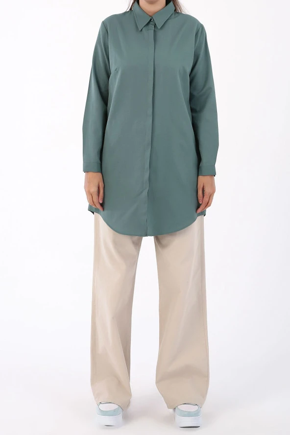 Allday Pastel Yeşil Basic Gizli Patlı Gömlek Tunik - 2