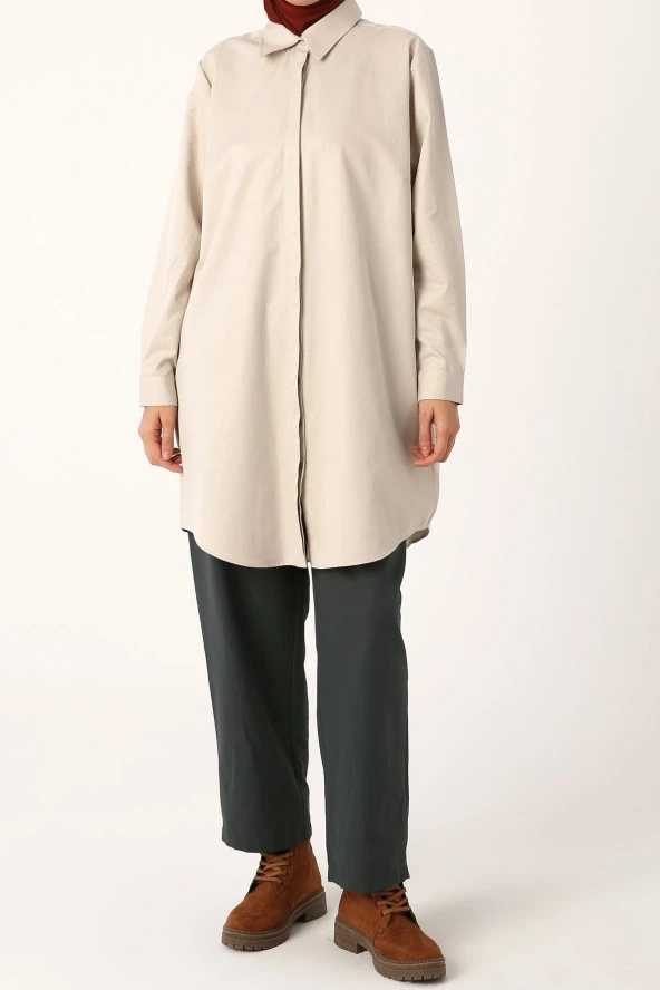 Allday Bej Büyük Beden Basic Gömlek Tunik - Resim 2