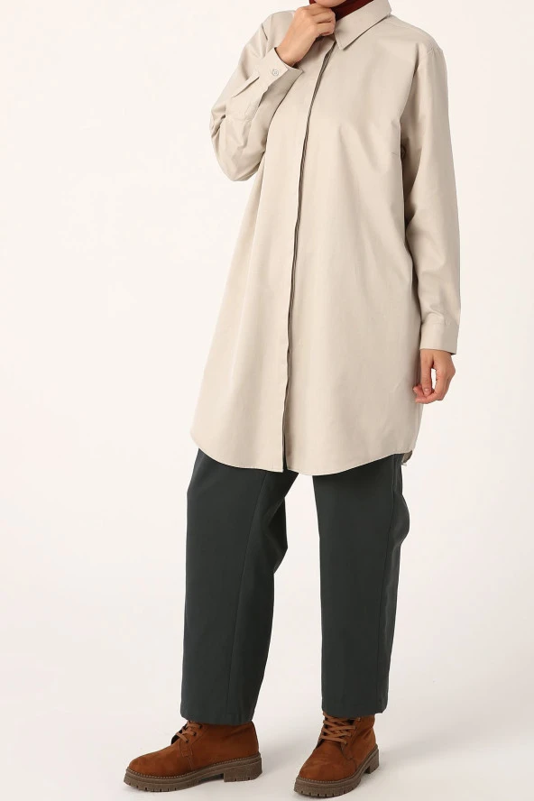 Allday Bej Büyük Beden Basic Gömlek Tunik - Resim 3