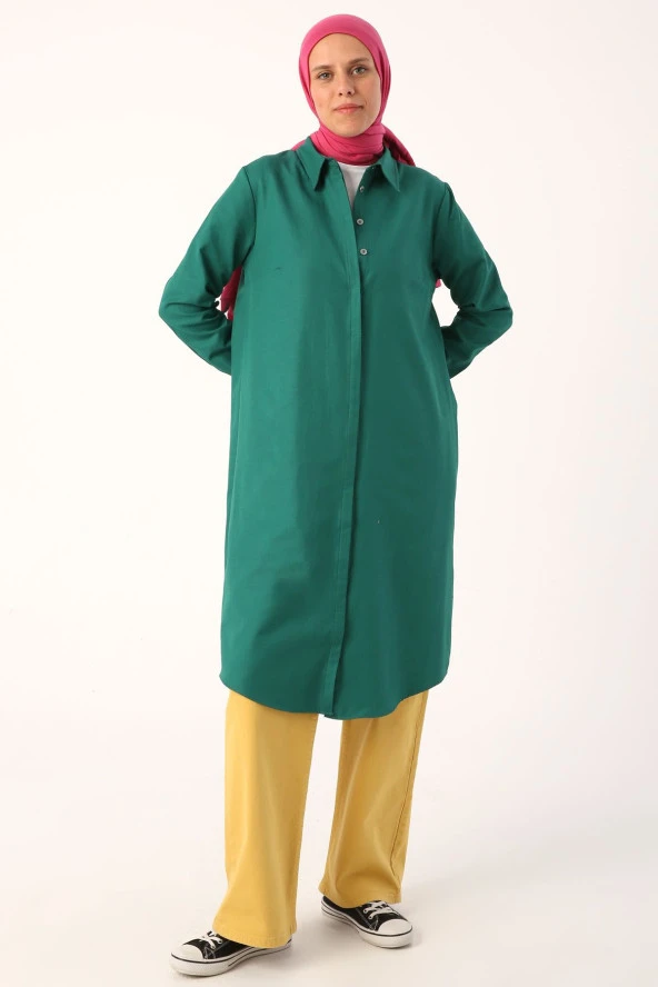 Allday Zümrüt Yeşili Basic Gizli Patlı Uzun Gömlek - Resim 2