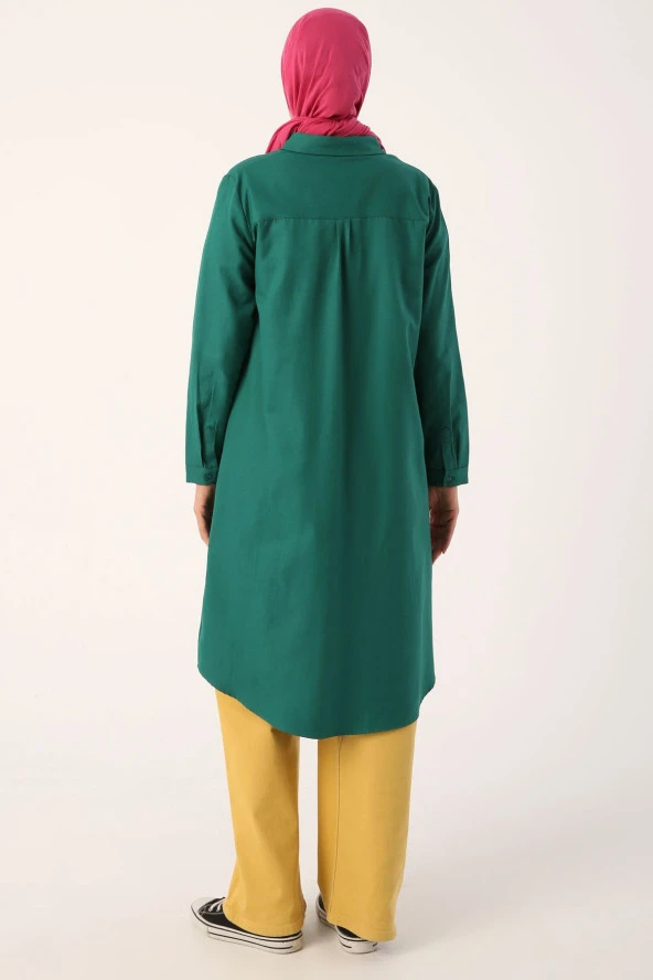 Allday Zümrüt Yeşili Basic Gizli Patlı Uzun Gömlek - Resim 4