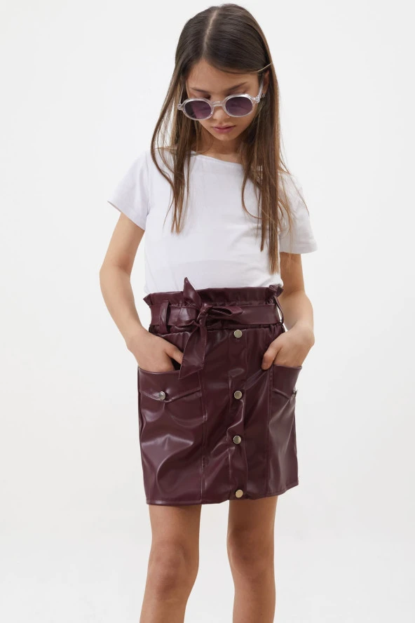 Bordo Düğme Detaylı Kuşaklı Kız Çocuk Deri Etek 18451 - 2