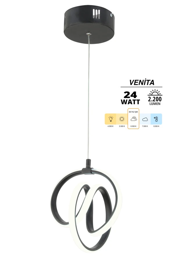 Dekorluna Venita Siyah Modern Sarkıt Led Avize Beyaz Işık Salon Mutfak Oda Hol Ledli Avize - 2