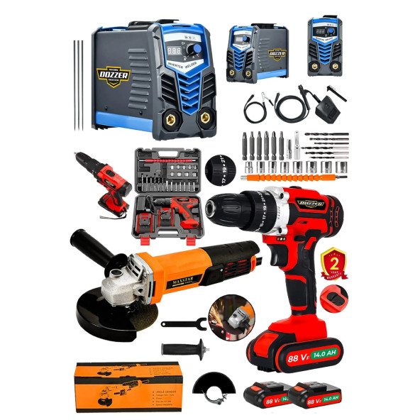 DOZZER Alman Demirci Seri 3Lü Set 200 Amper Kaynak + Akülü Vidalama + 115 Mm Avuç Taşlama Spiral Makinesi