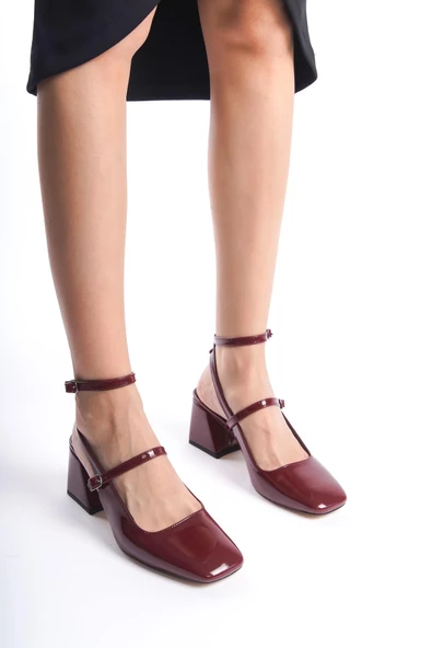 Mulia Bordo Rugan Mary Jane Kalın Topuklu Bilekten Bantlı Ayakkabı - Resim 2