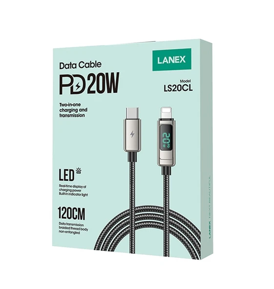 Lanex LS20CL 1.2M 20W Dijital Göstergeli Hasırlı Type-C to Lightning PD Hızlı Şarj Kablosu - 4