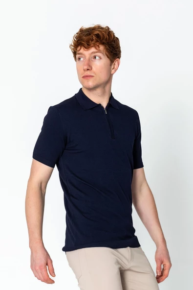 Erkek Fit Extra Polo Yaka Yarım Fermuarlı Klasik Triko T-Shirt - 10