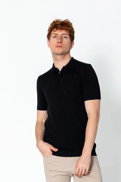 Erkek Fit Extra Polo Yaka Yarım Fermuarlı Klasik Triko T-Shirt - 2