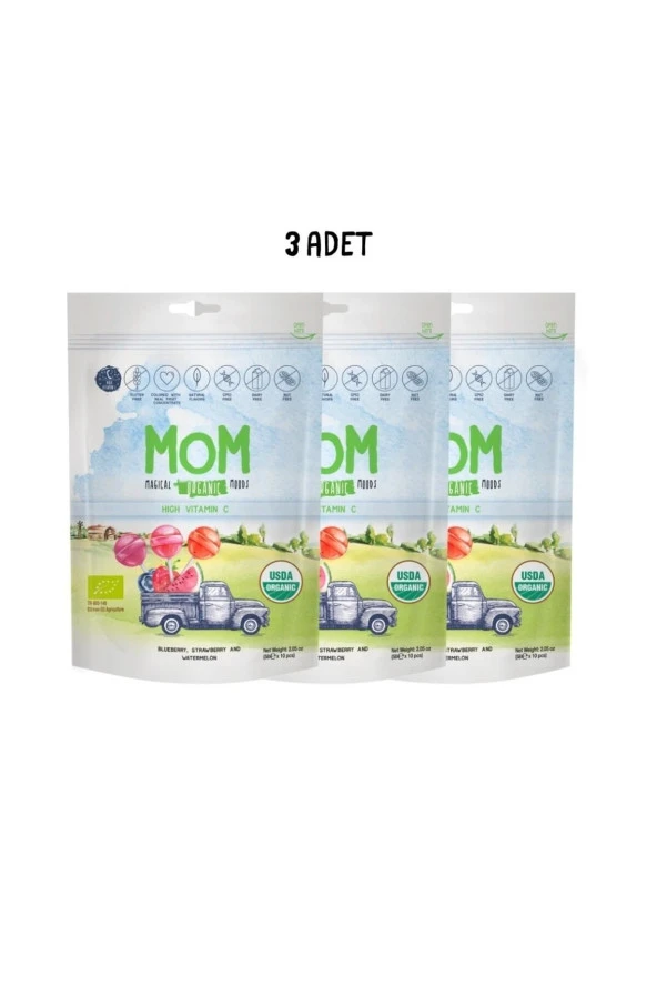 MOM Magıcal Organik Moods  Organik Lolipop (ÇİLEK, KARPUZ, YABAN MERSİNİ VE C VİTAMİNİ) 3'LÜ