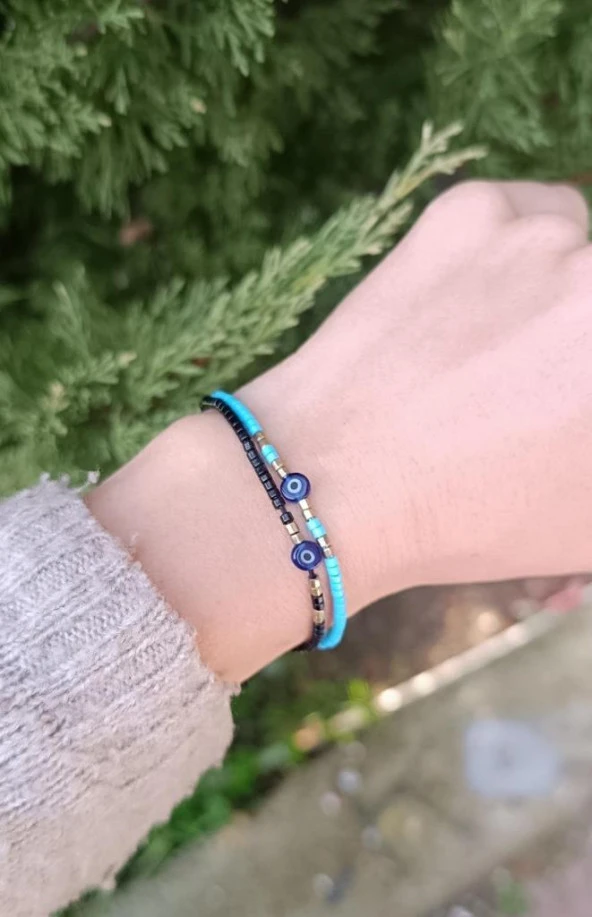 Bileklik Nazar Kötü Göz 2 Adet Ayarlanabilir Sevgili Bilekliği Boncuklu - Resim 2