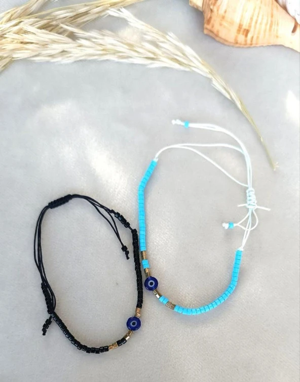 Bileklik Nazar Kötü Göz 2 Adet Ayarlanabilir Sevgili Bilekliği Boncuklu - Resim 3