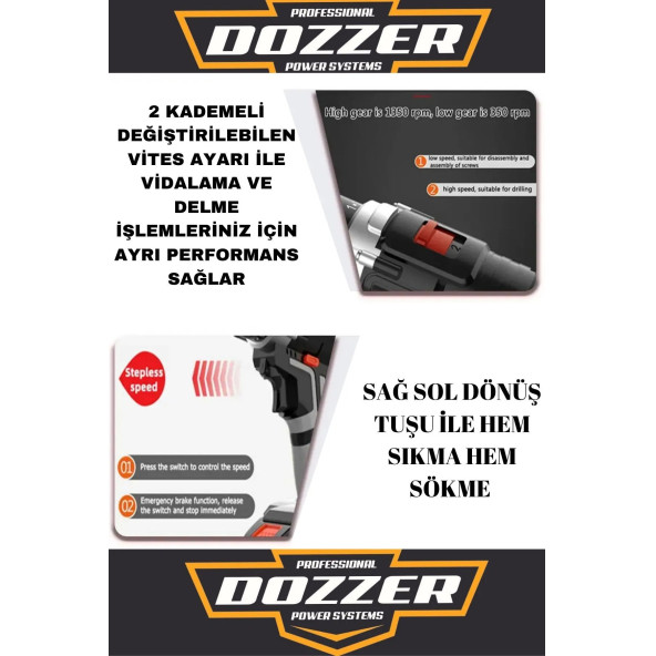 DOZZER Alman Hard-x Darbeli 12 V 2.0ah Çelik Şanzuman Bakır Sargılı 2 Akülü Vidalama Matkap Şarjlı Matkap - 2