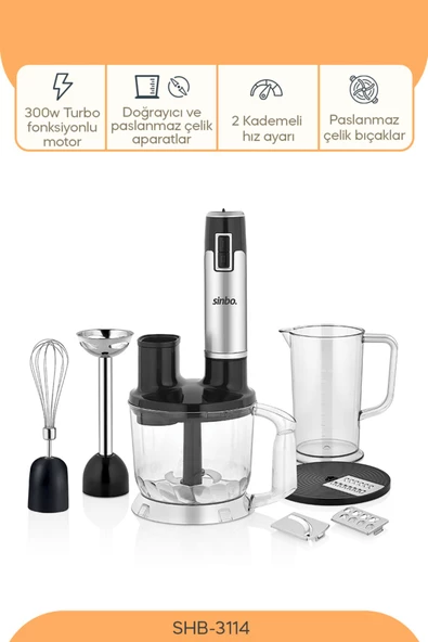 SHB-3114 5 Fonksiyonlu El Blender Seti 300W Turbo Motor